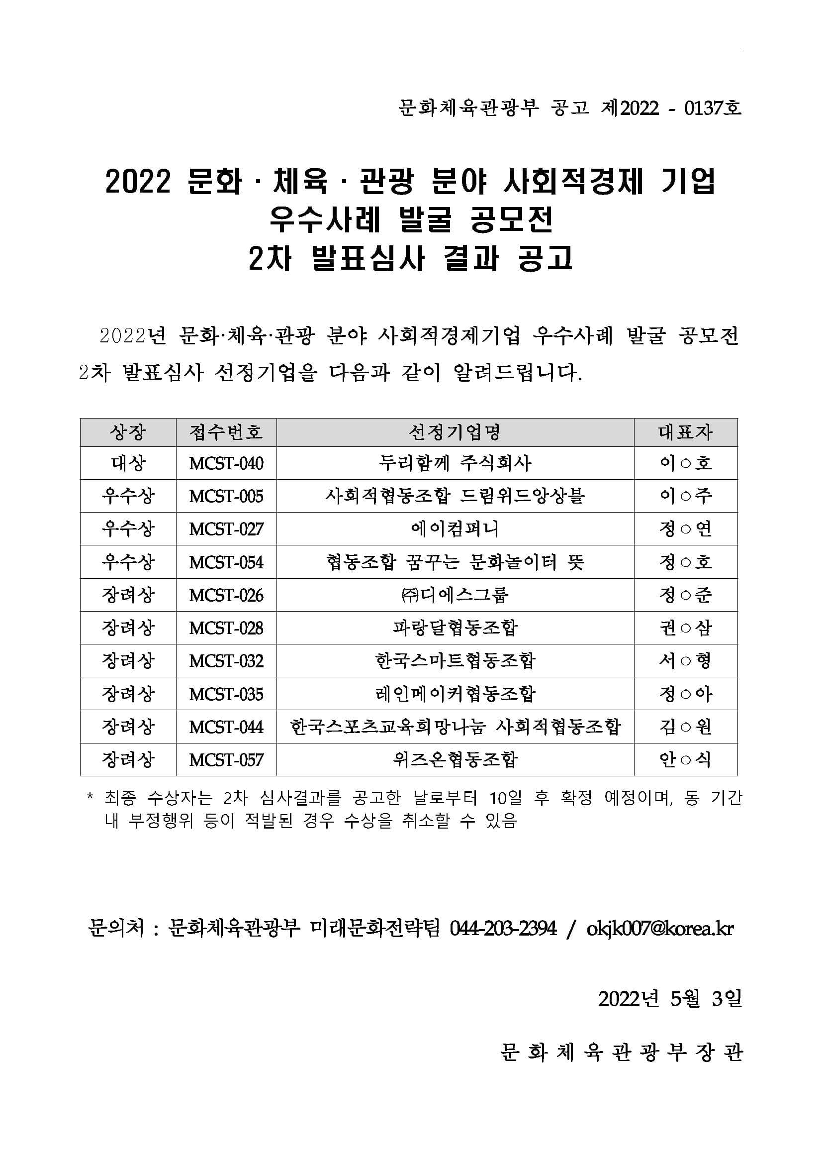 문화체육관광 분야 사회적경제 기업 우수사례 발굴 공모전 장려상 수상